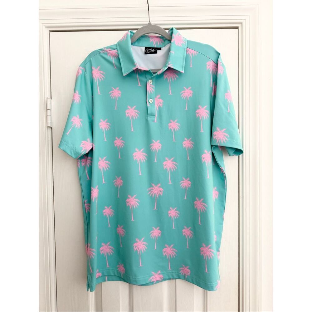 Sunday Swagger Mint Green Pink Hawaiian Palm‎ Tree Print Golf Polo Shirt Large